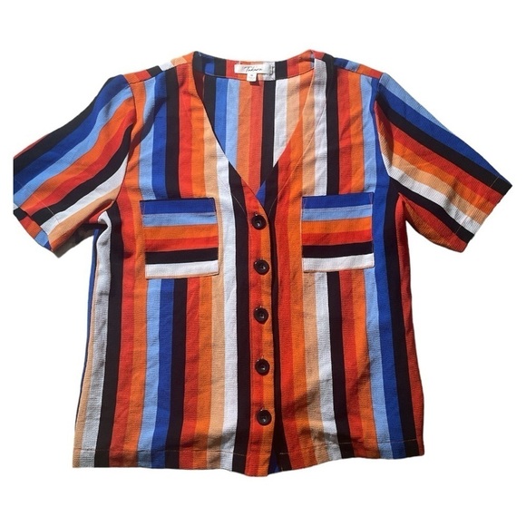 Takara Tops - Takara Button Front Shirt Stripes Multi Color Blouse Top.
